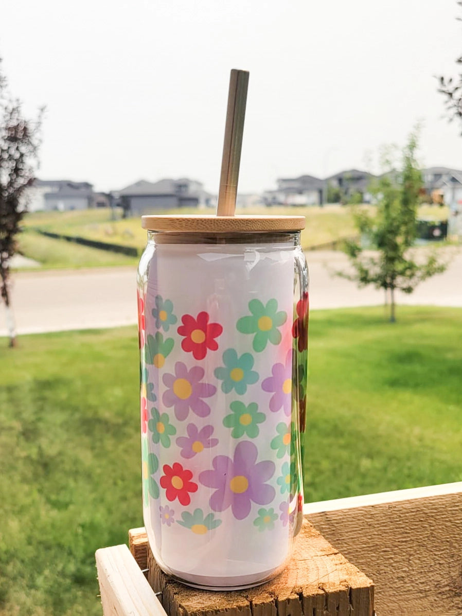 Colorful Daisy Glass Can with Bamboo Lid